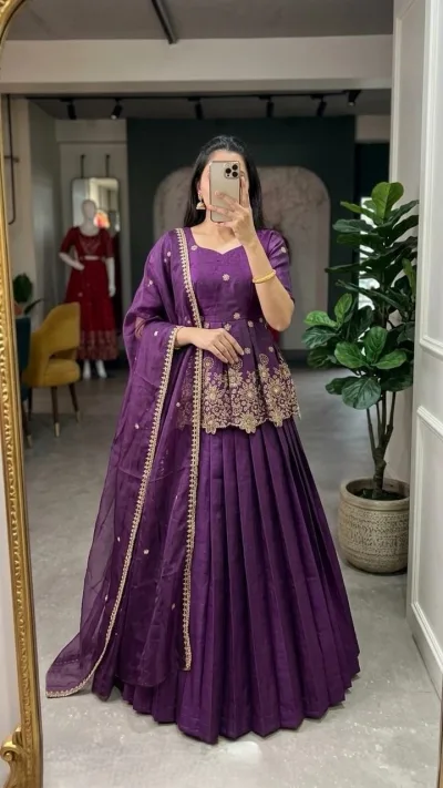 Rust Orange Tissue Silk Peplum Lehenga Set